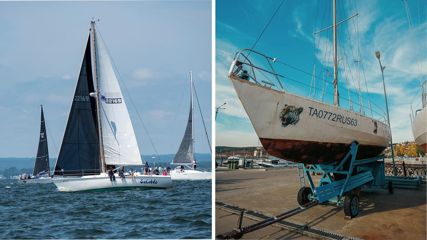 Racing boats and a keelboat ashore showing different designs