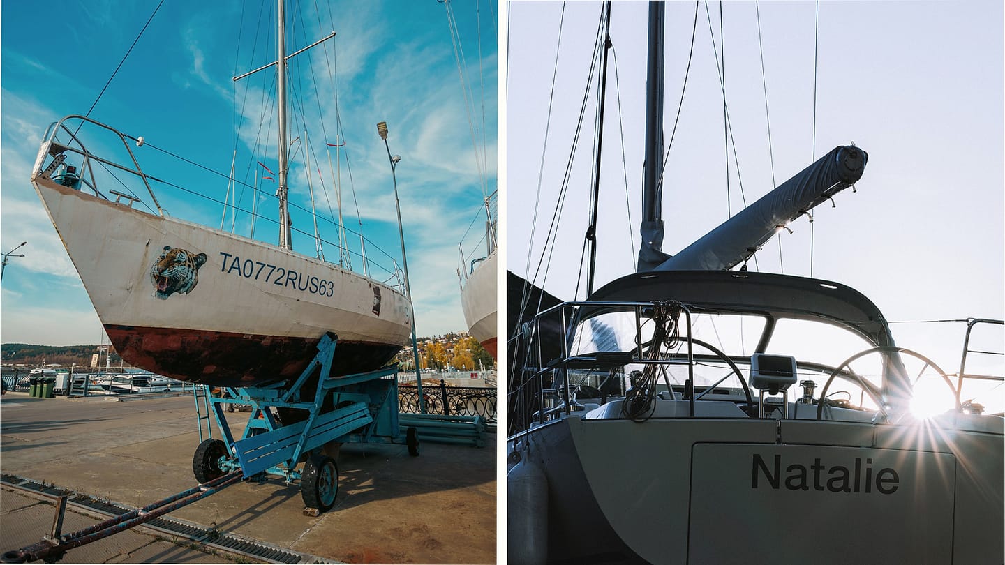 Visible keel below a sailboat beside a docked sloop