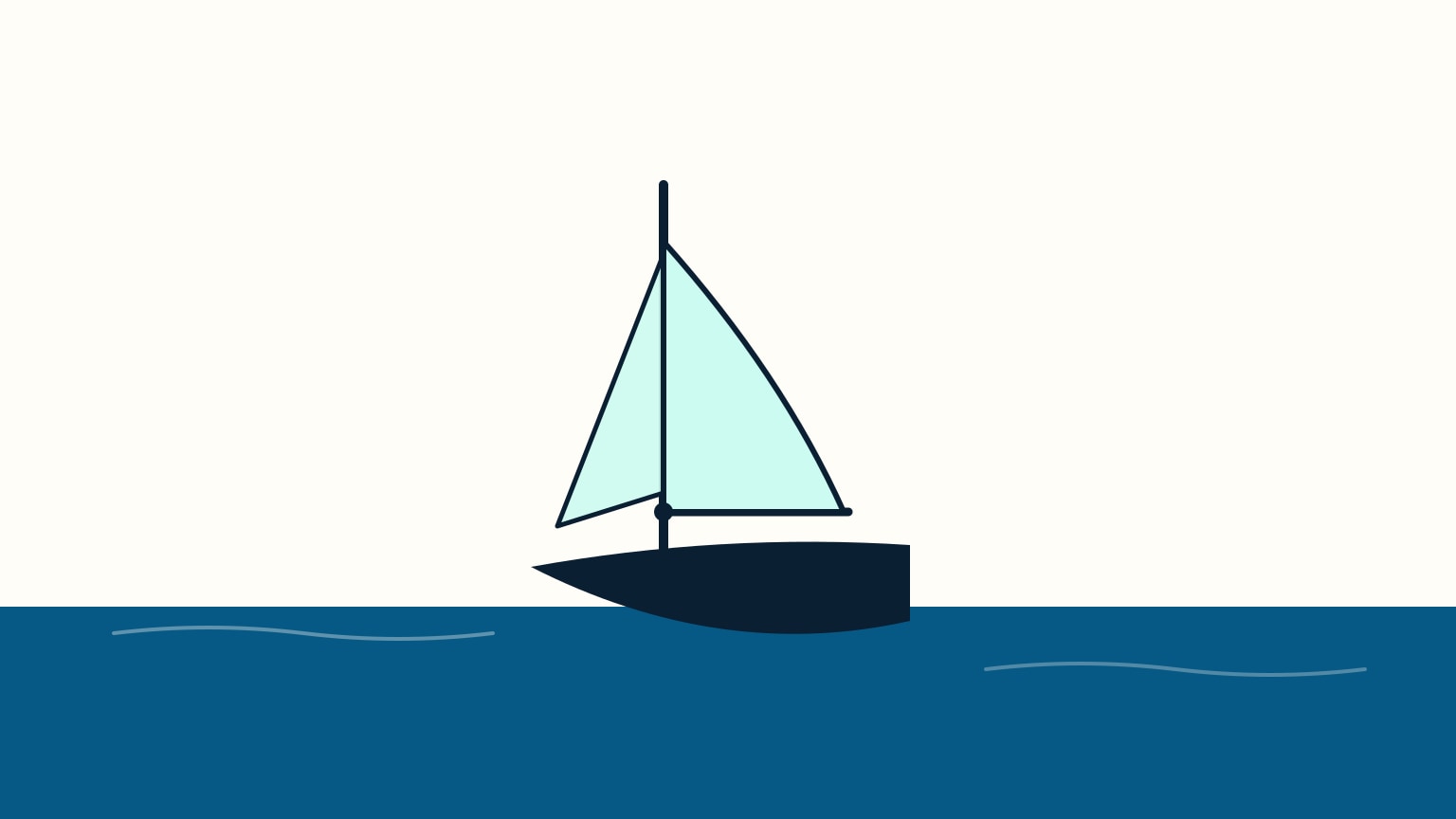 Side profile of a single-mast sailboat under sail, the tall vertical mast and the horizontal boom reaching aft from its base shaping the mainsail between them