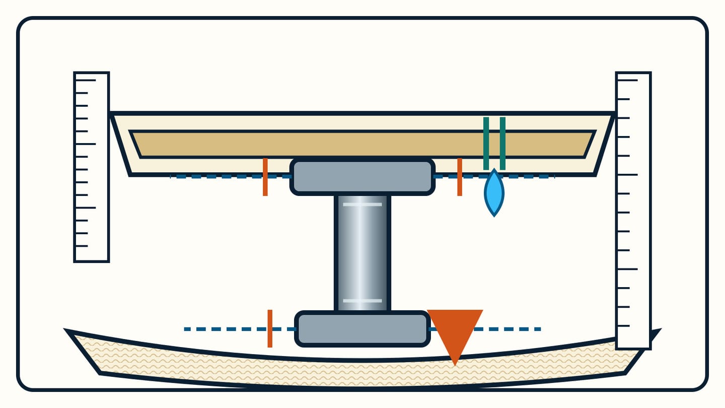 Exploded mast-support repair section showing matched bearing faces, original deck thickness, isolated metal, drainage, and documented closure.