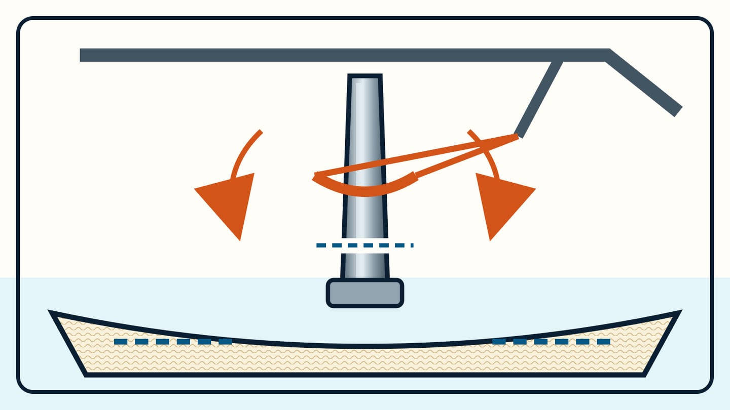 Sailboat in a yard with its mast held by a crane sling while the deck step and compression-post bearings are unloaded for inspection.