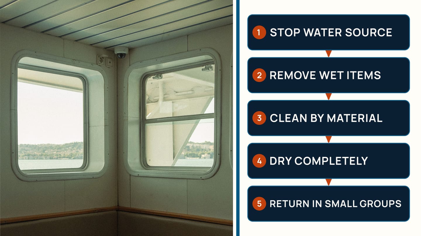 Boat cabin seating beside a five-step clean-and-dry sequence