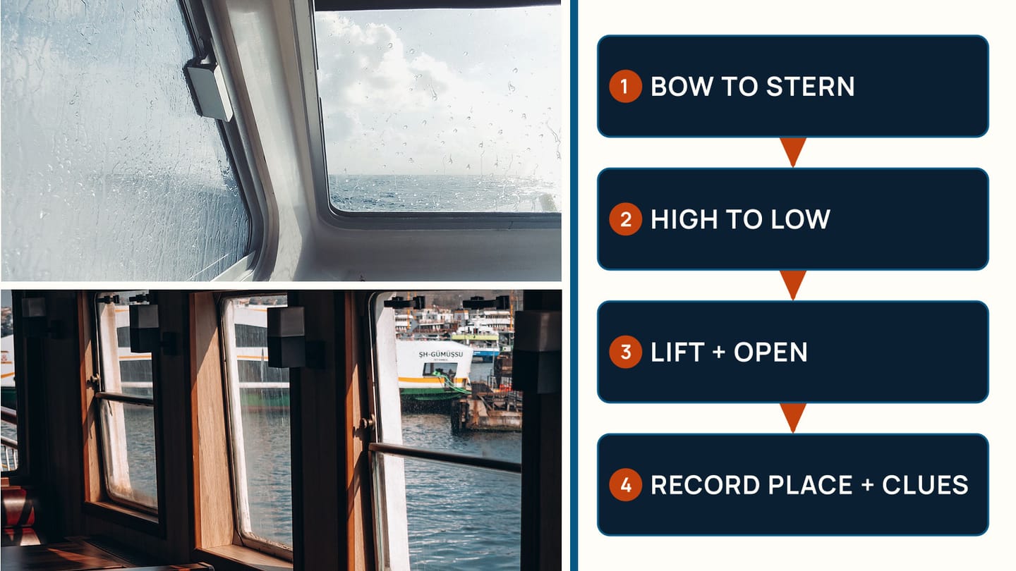 Wet boat window and cabin beside an ordered onboard moisture-mapping path