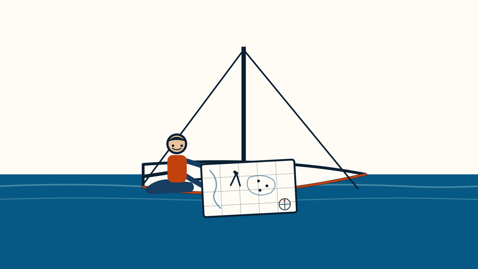 A sailor at the helm compares a paper chart with a compass aboard a small sailboat