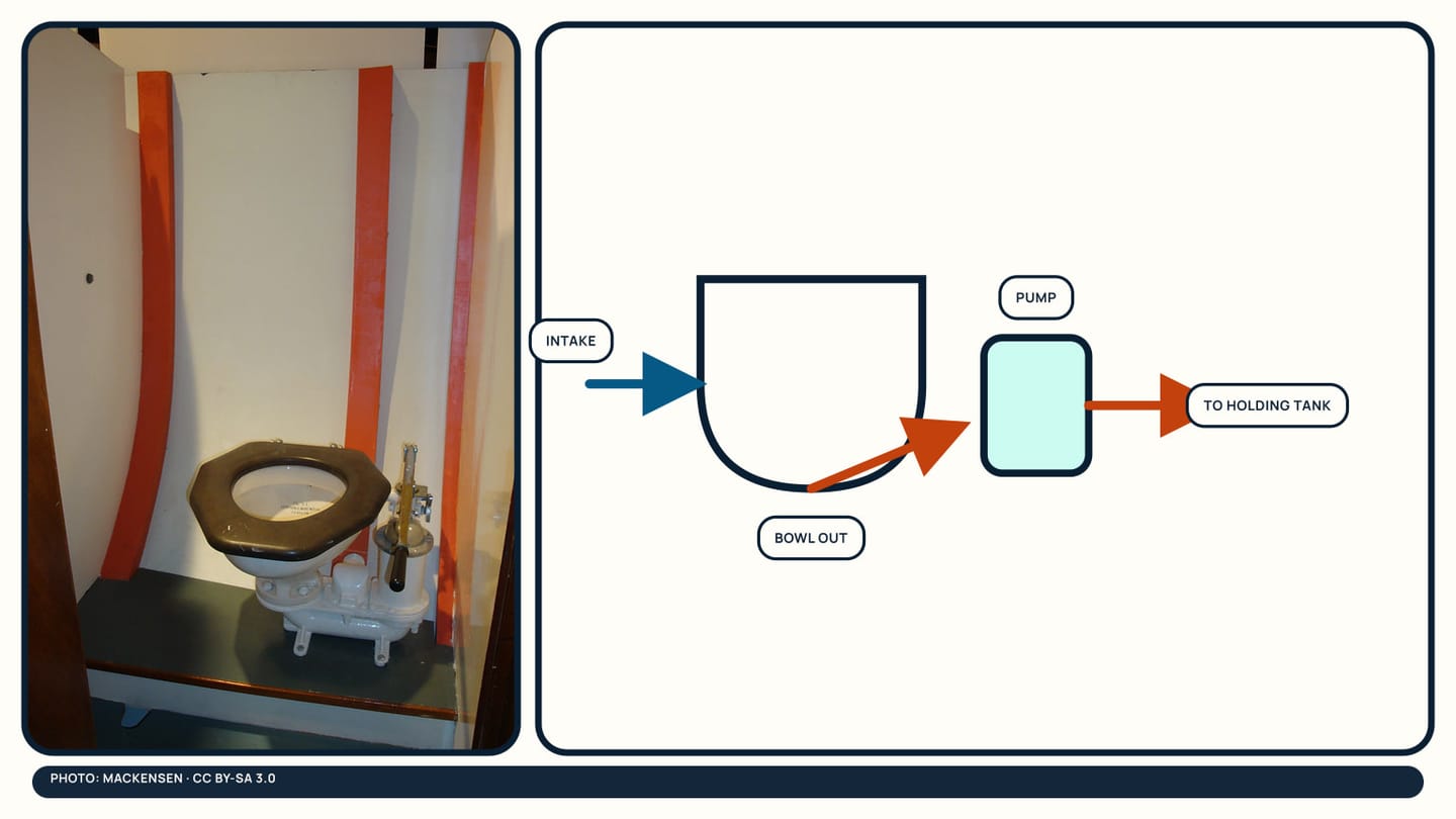 Marine-toilet photograph beside intake, bowl outlet, pump, and holding-tank hose diagram