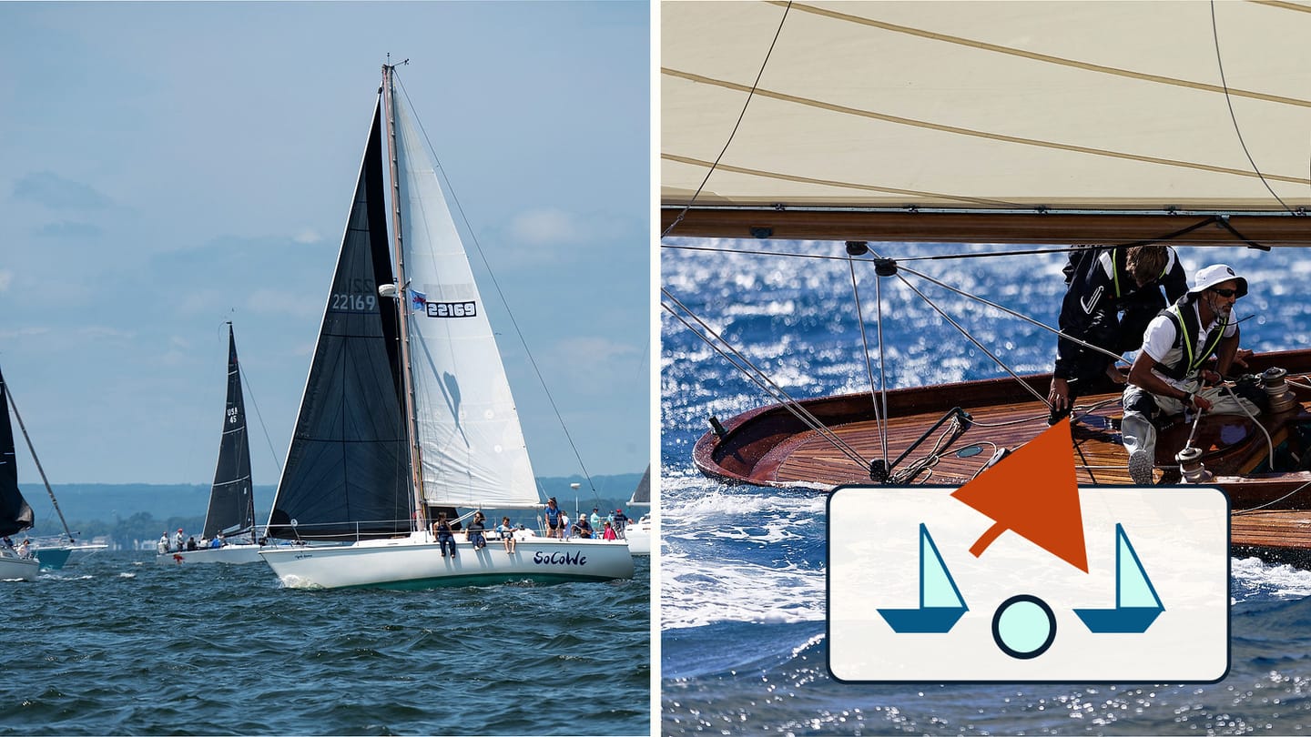 Racing sailboats underway beside crew working on a heeled yacht