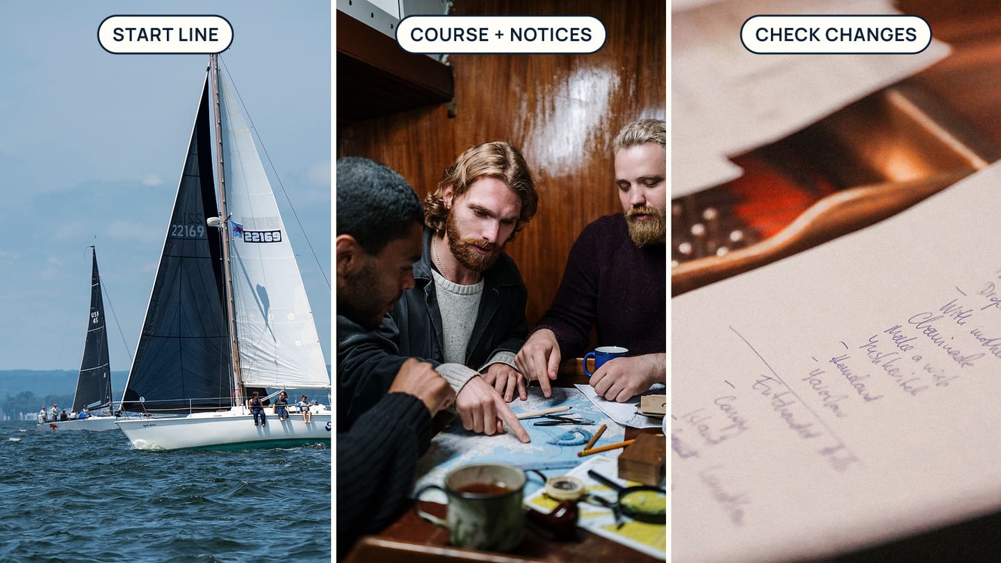 Panels labelled START LINE, COURSE + NOTICES, and CHECK CHANGES show a race start, a chart discussion, and handwritten notes