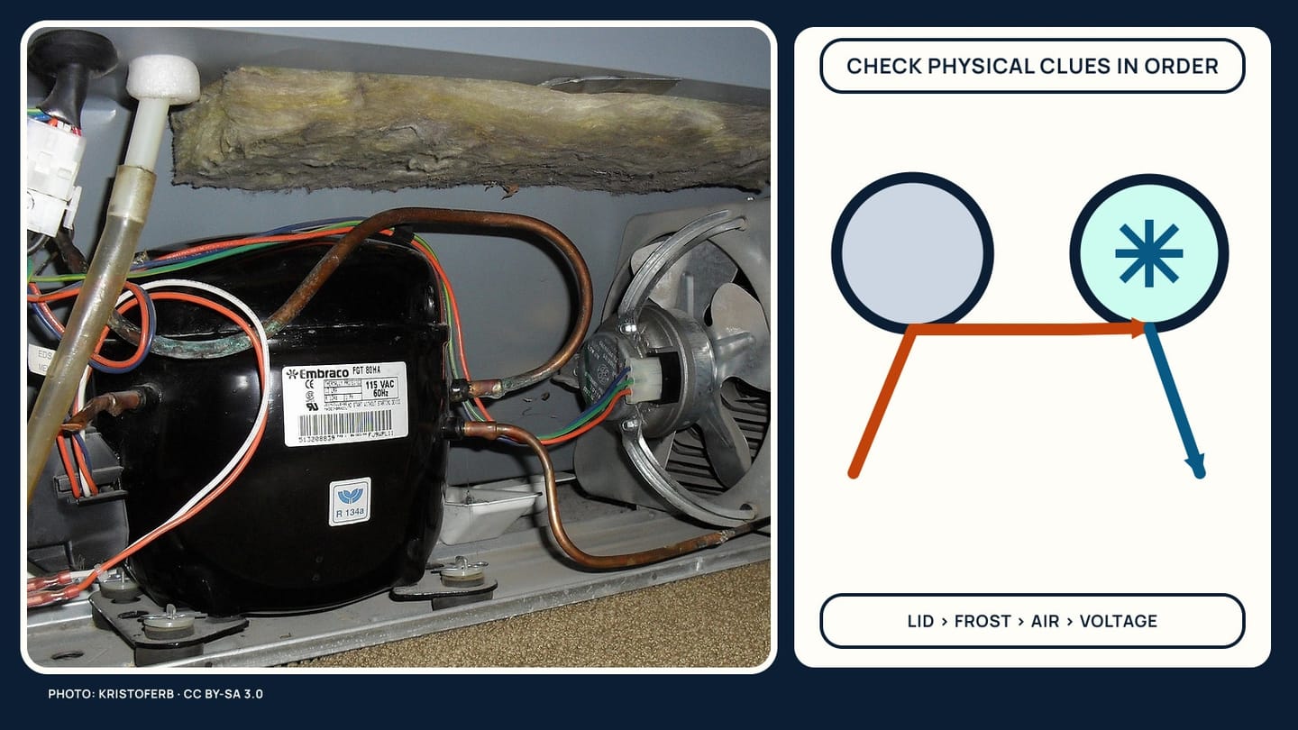 One broad machinery photograph beside compressor and fan circles and a lid, frost, air, and voltage caption