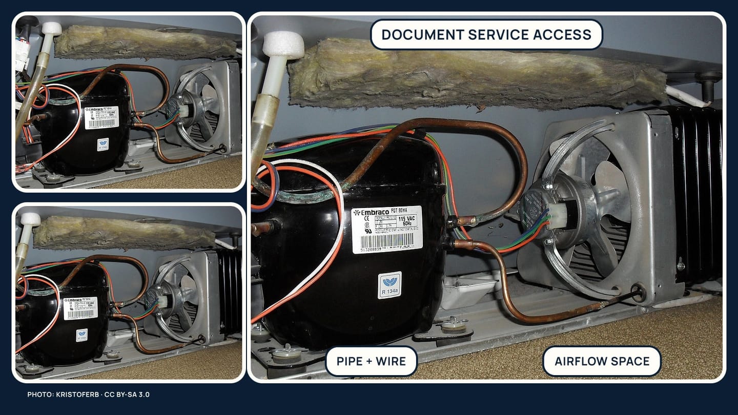 A compressor unit photographed with clear access, wire, pipe, and airflow notes for service