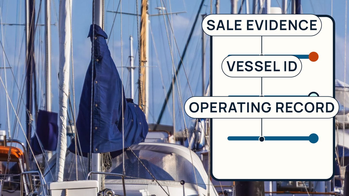 A docked sailboat beside a record panel labelled sale evidence, vessel ID, and operating record