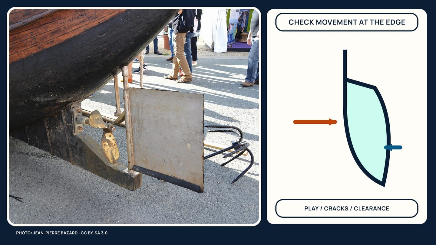 A suspended rudder photograph beside a separate blade diagram with opposing arrows