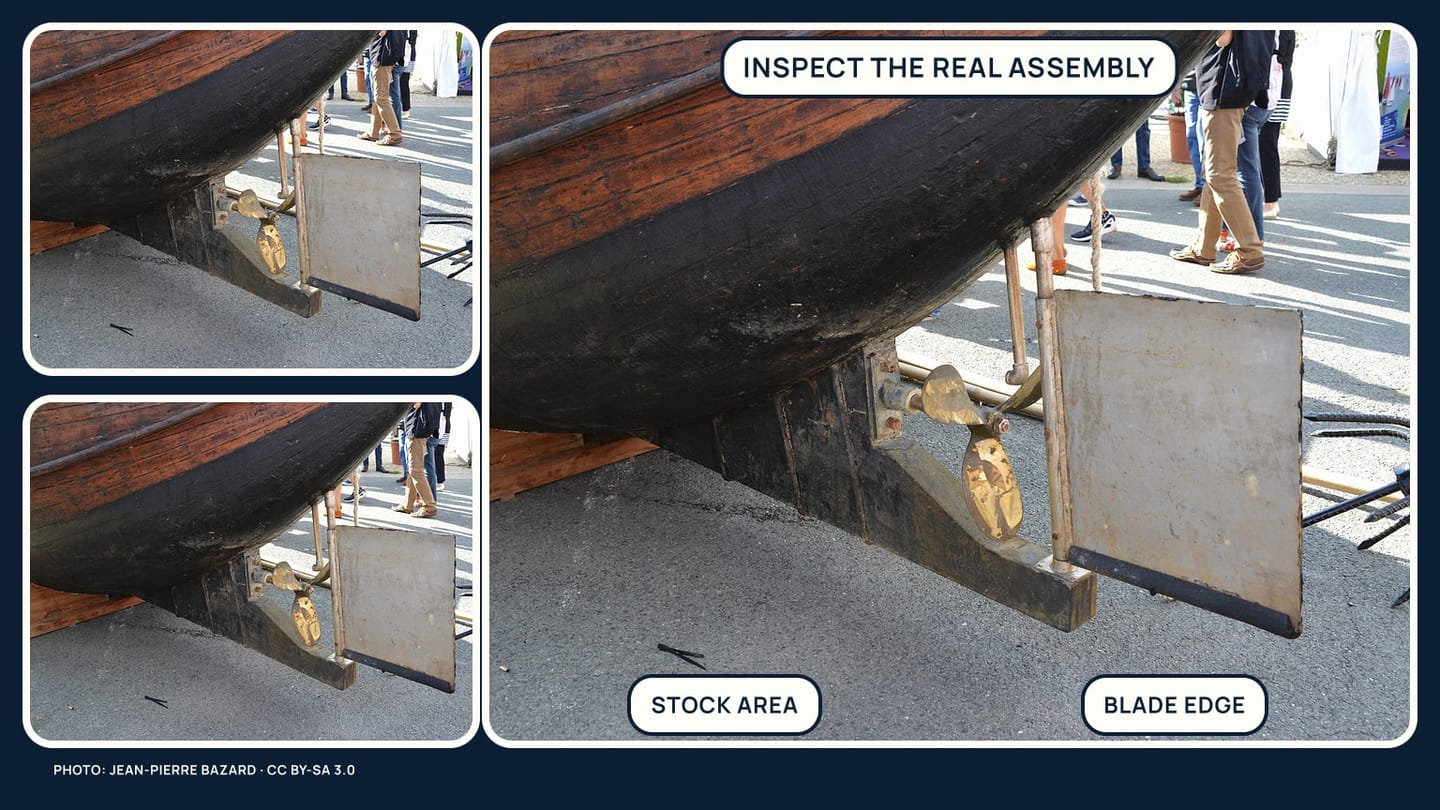A rudder blade, stock entry, lower bearing, and blade edge shown in one hauled-out view