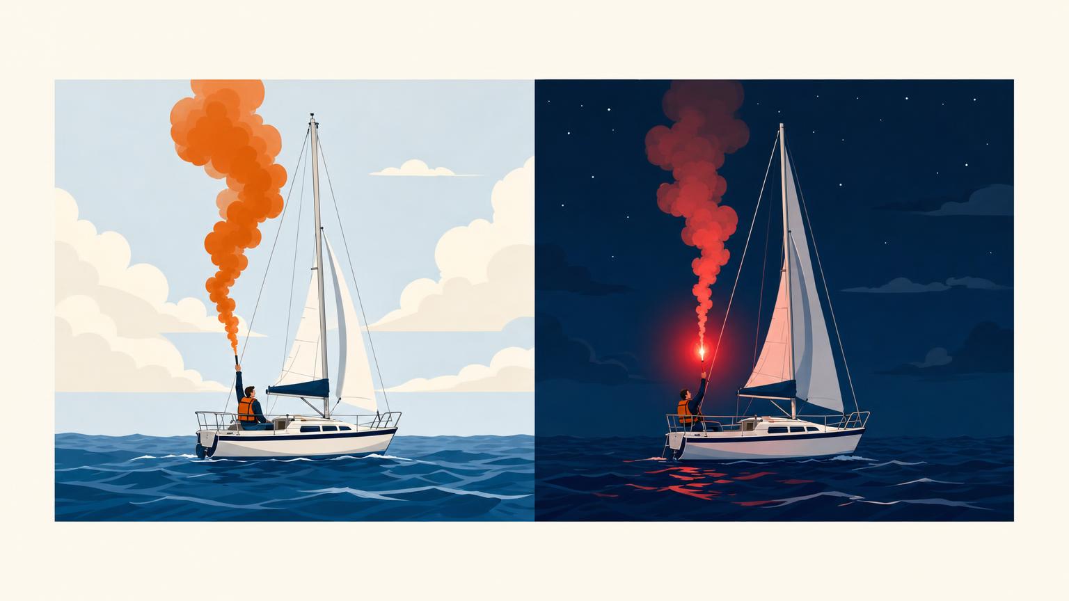 Split view of a disabled sailboat using orange smoke by day and a bright red flare at night