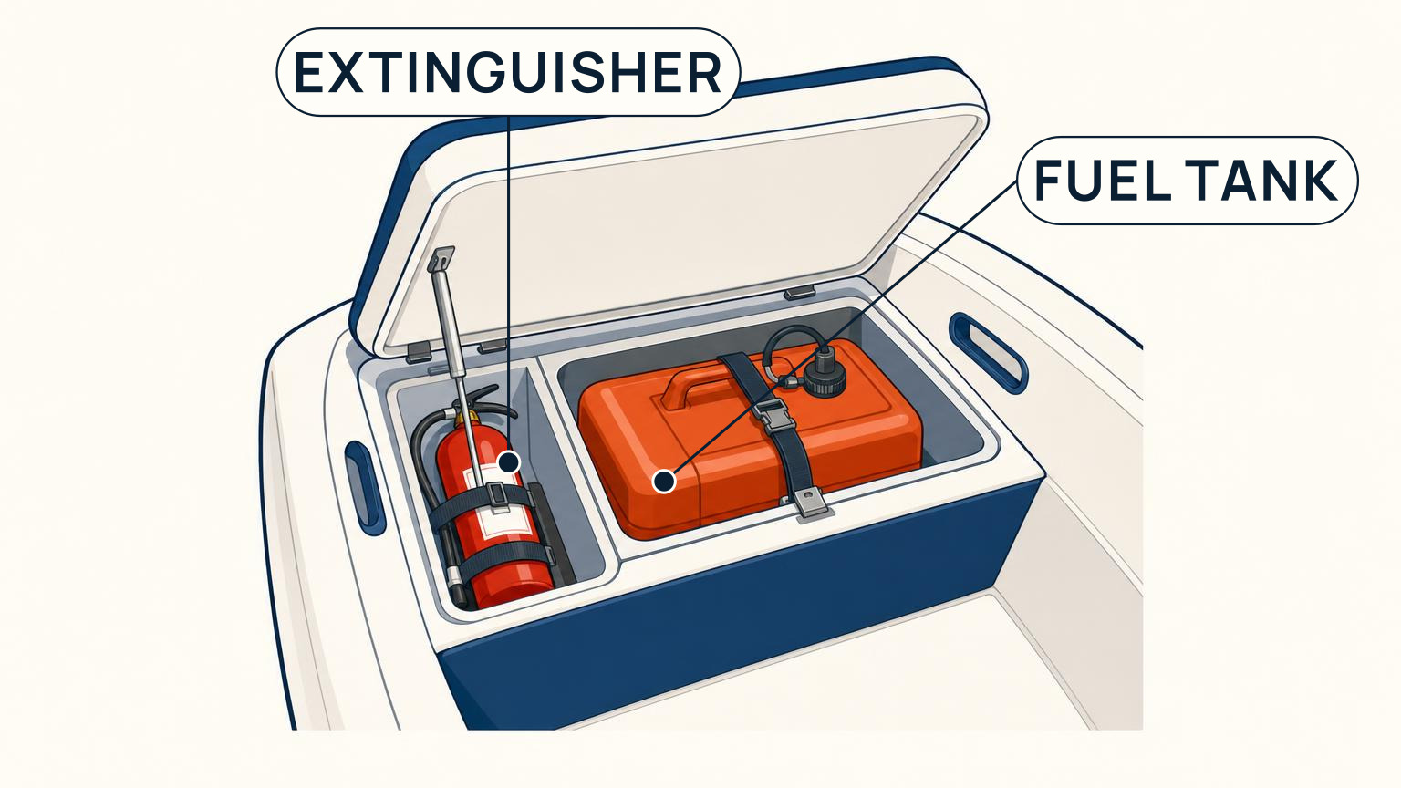 Open sailboat storage compartment with a portable fuel tank and an accessible bracketed fire extinguisher