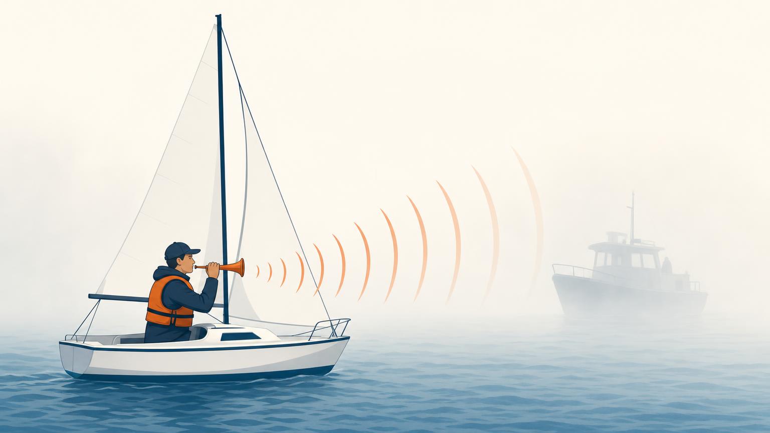 Sailor using a handheld horn to alert a nearby boat in dense fog