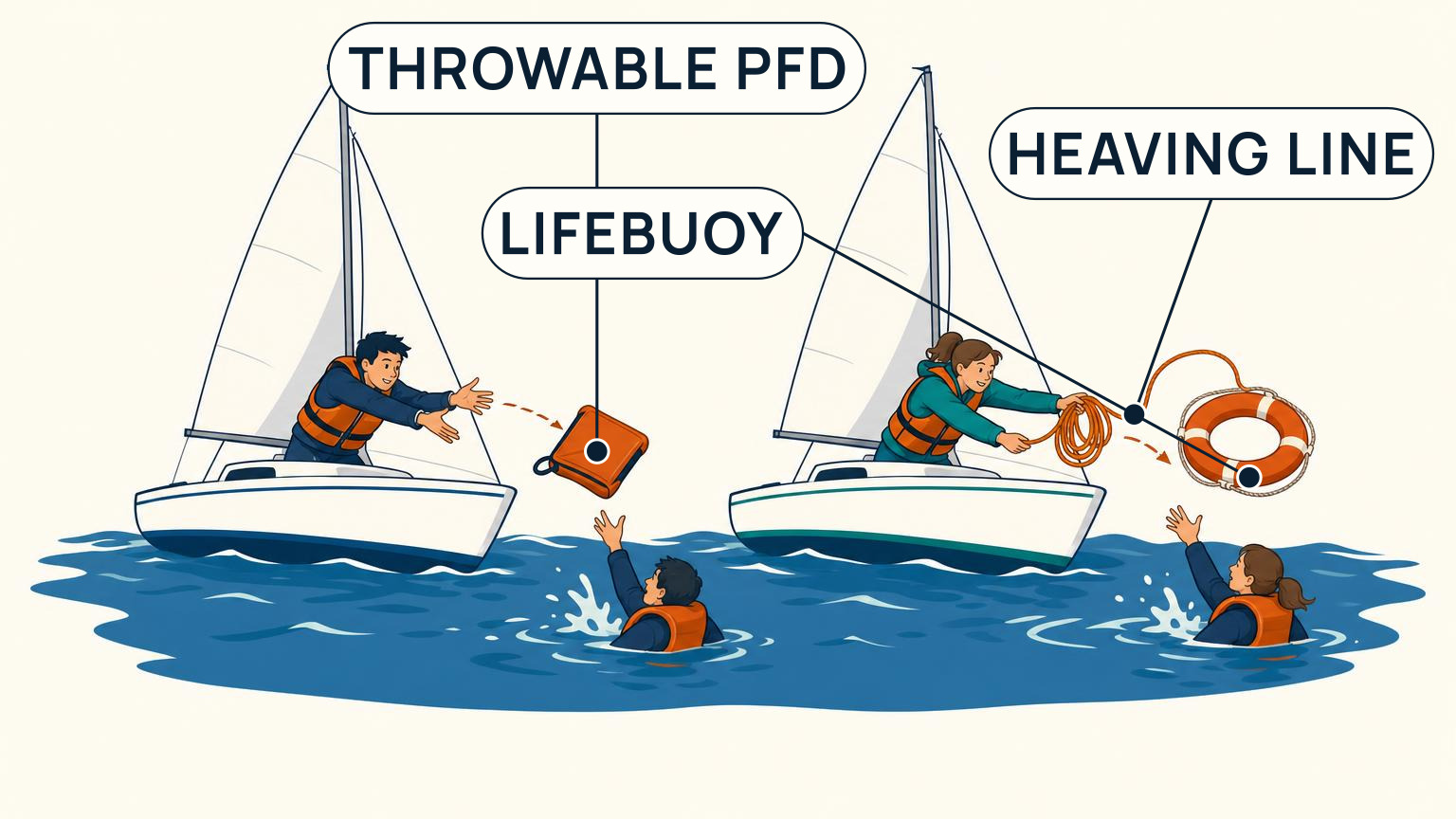 Throwable cushion and lifebuoy with a floating line ready for a person in the water