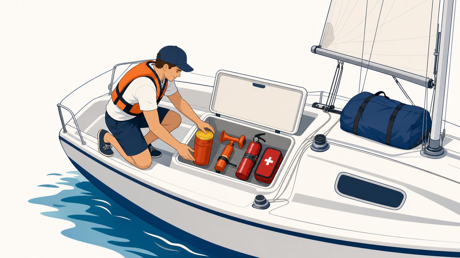 Sailor stowing working emergency equipment where it remains visible and easy to reach