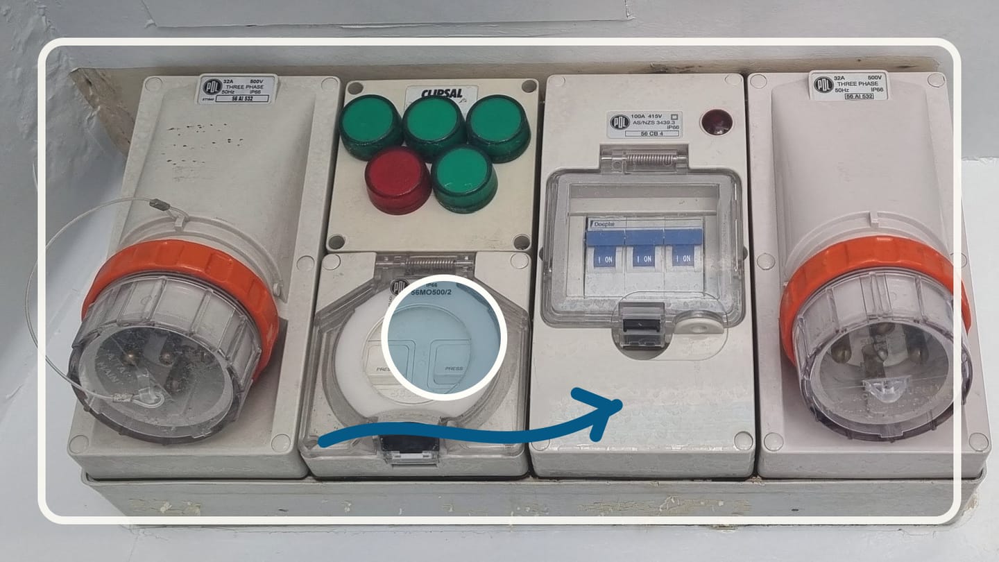 Marina electrical pedestal with sockets, pushbuttons, and a small breaker window