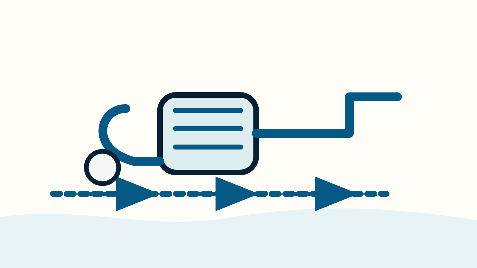 Three blue arrows move along a blue dashed line beneath a blue tank and hose route