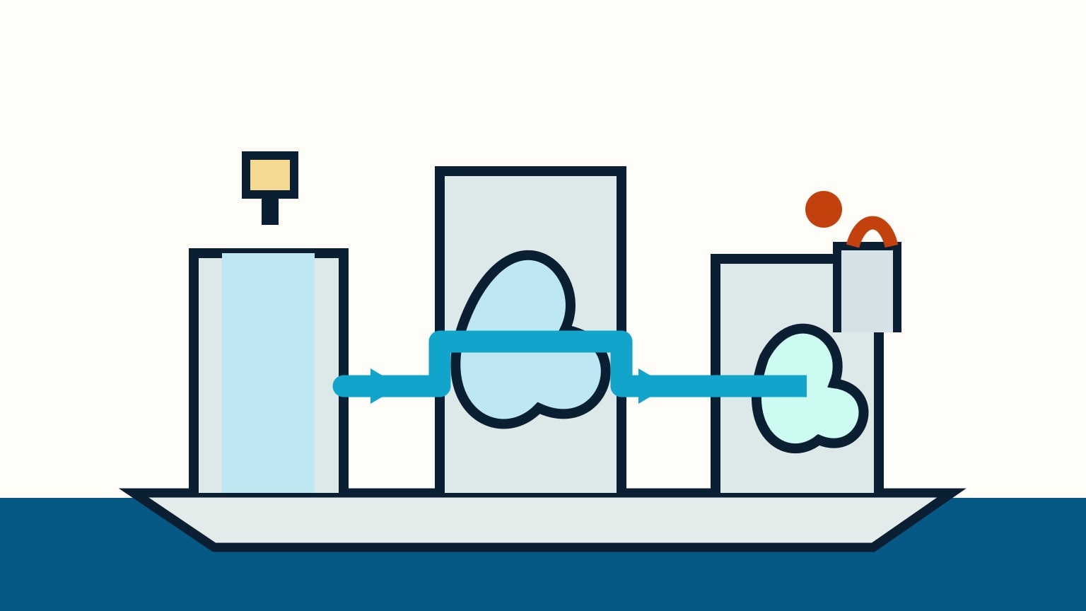 A boat plumbing drawing traces deck fill, tank, pump, and tap with a blue line