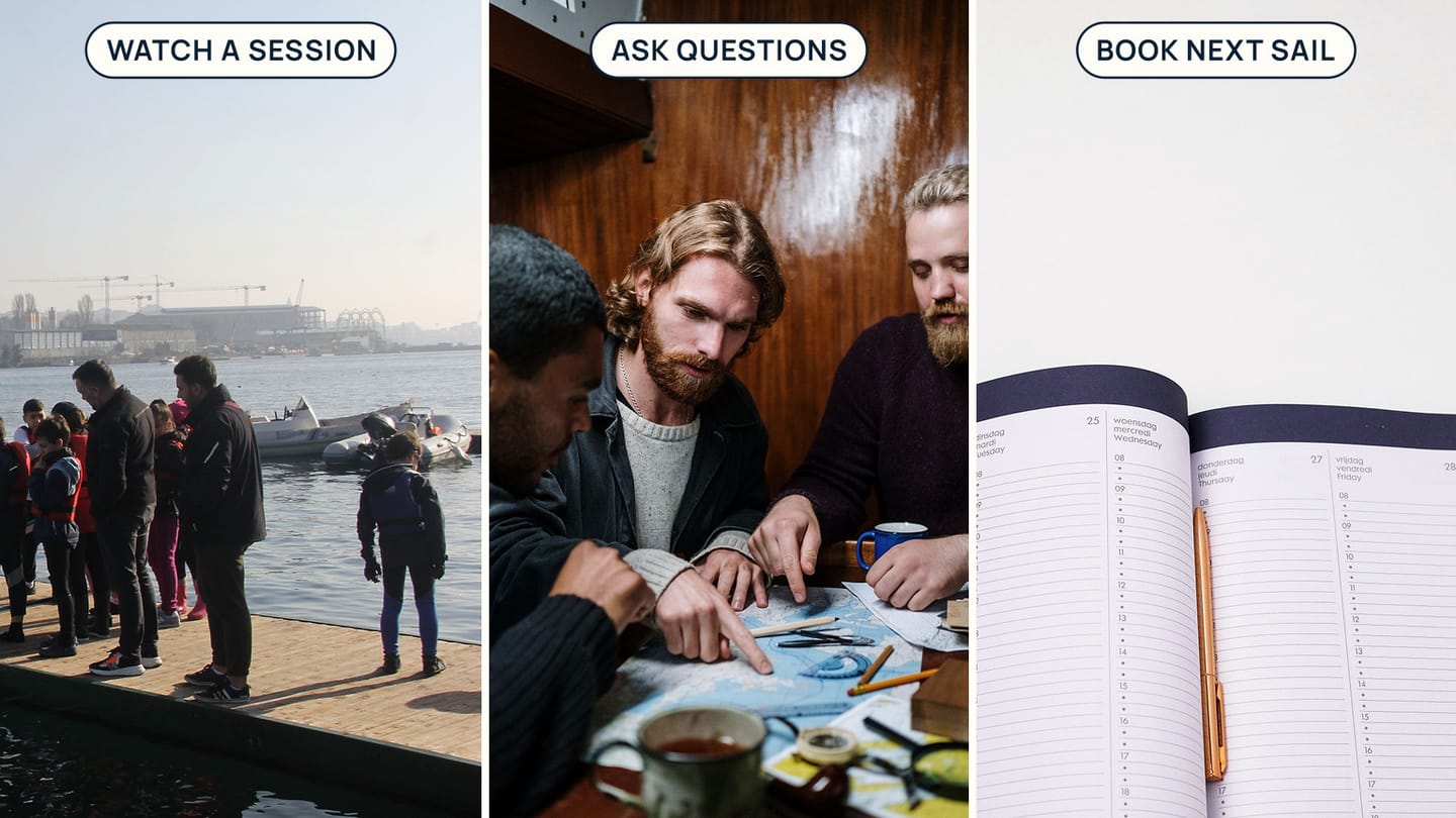 A dock lesson, group discussion, and calendar labelled Watch a Session, Ask Questions, and Book Next Sail
