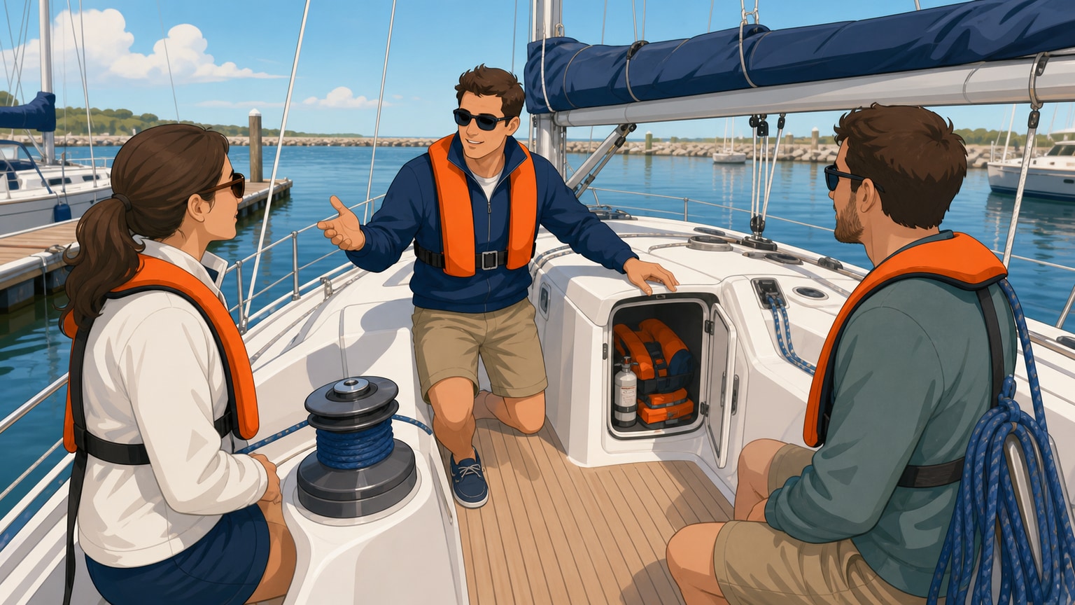 New crew listening to a welcoming skipper briefing in the cockpit