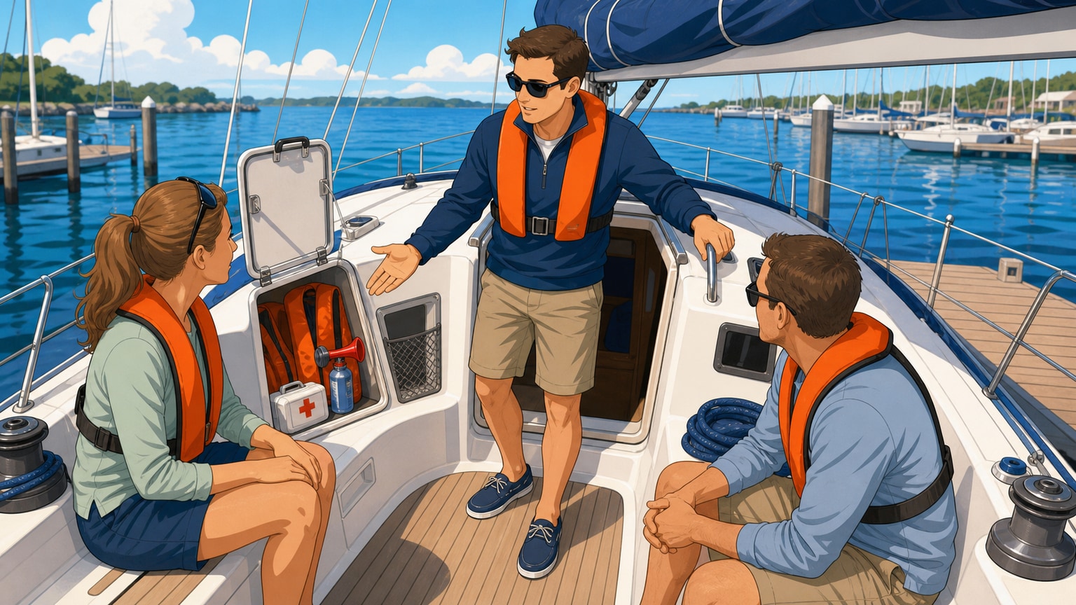 Crew gathered around the skipper while key safety locations are shown