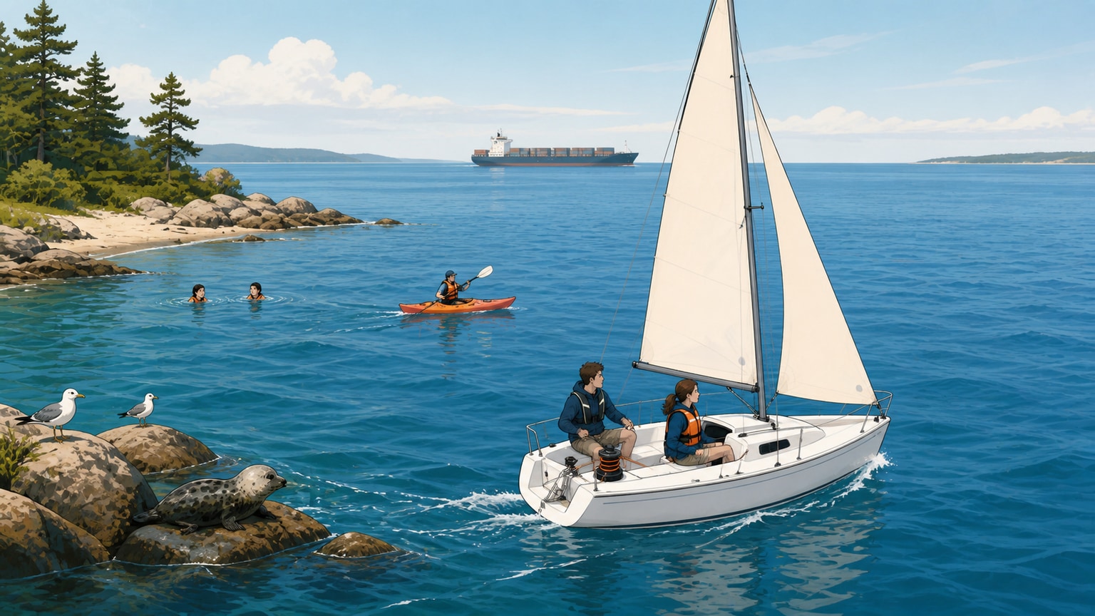 Sailboat giving comfortable space to swimmers, wildlife, a paddler, and a large vessel