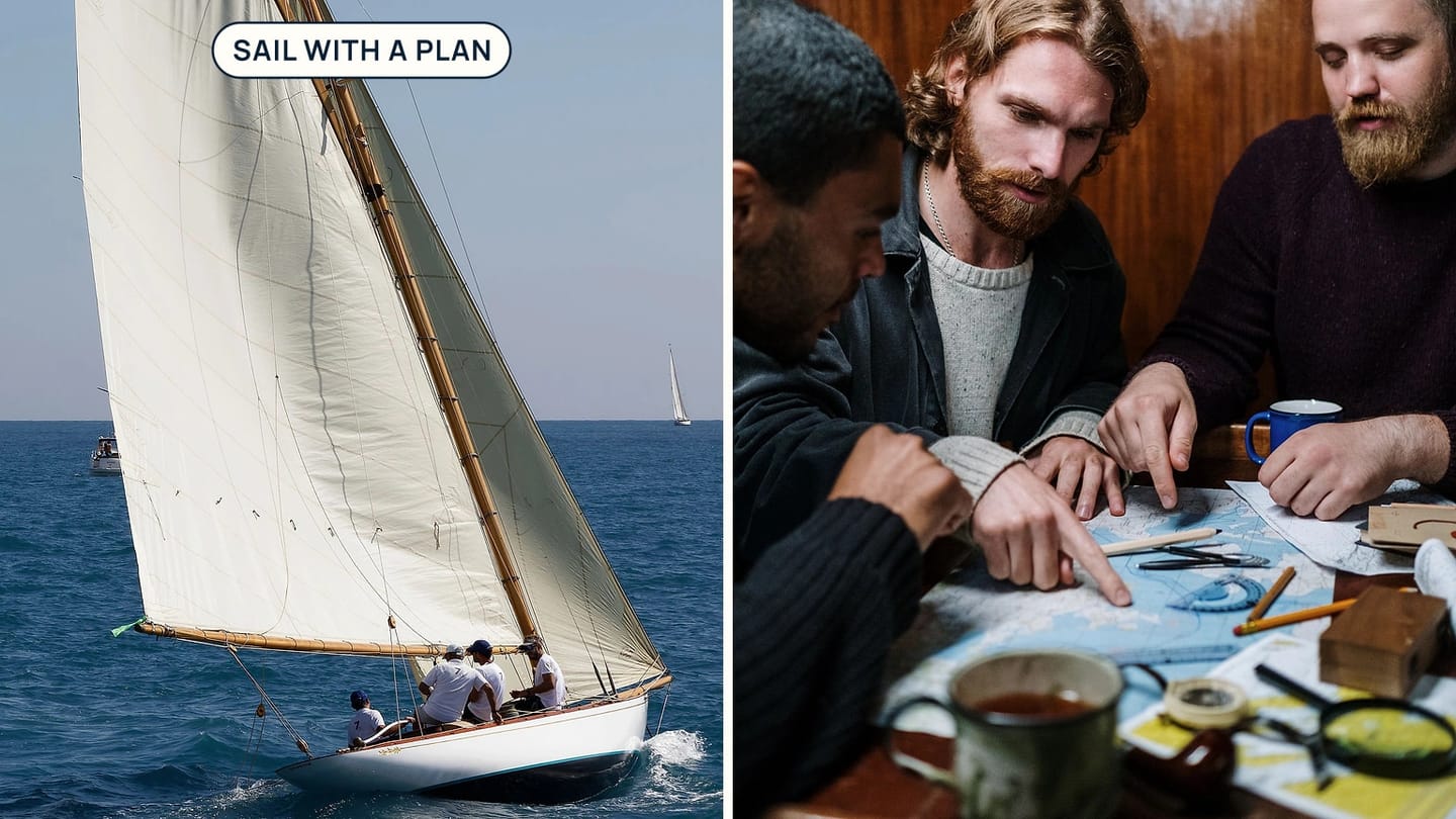 A sailing yacht appears beside people studying a paper map.
