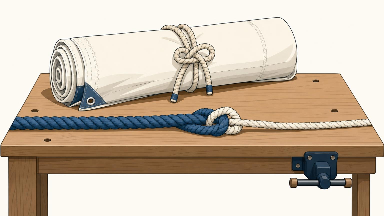 A blue rope and a white rope joined by a neatly dressed sheet bend on a practice bench