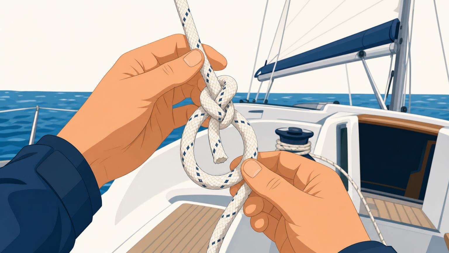 Two hands dress a bowline that forms a fixed loop in a white sailing line