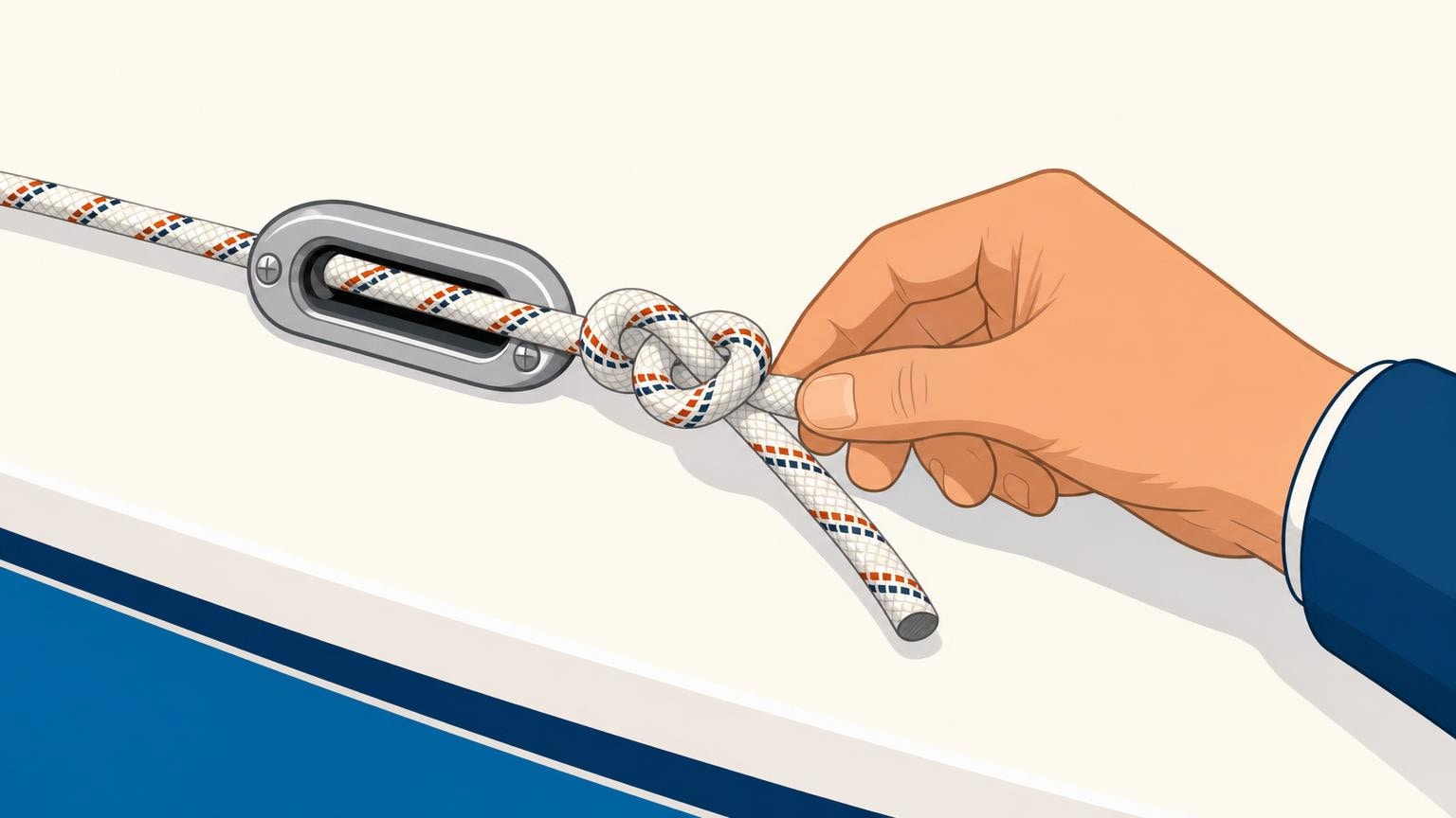 A clearly dressed figure-eight stopper knot rests against a small deck eye that it cannot pass through