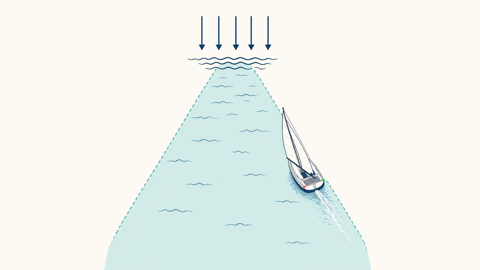 Sailboat sailing close-hauled along the edge of the wedge-shaped no-go zone