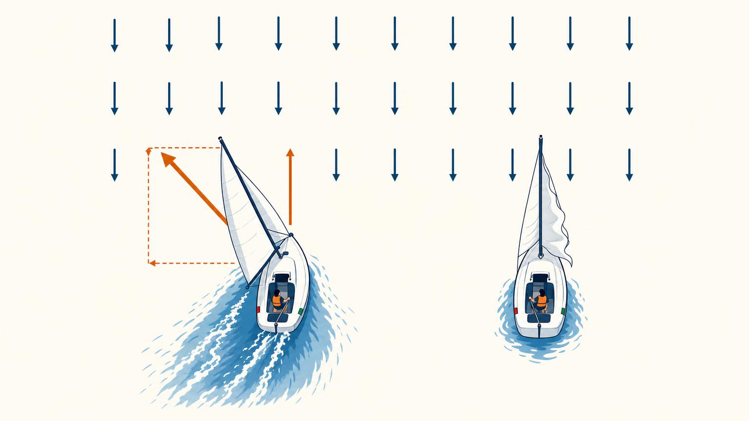 Comparison of a powered sailboat angled to the wind and a stalled sailboat pointing directly into it