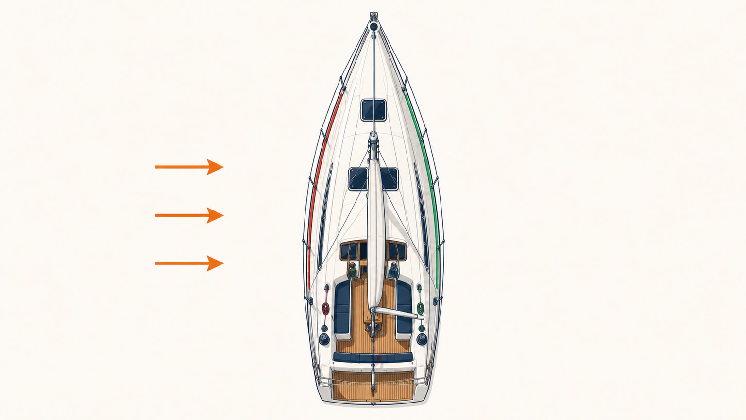 Overhead sailboat map with fixed side markers and wind arrows for beginner vocabulary