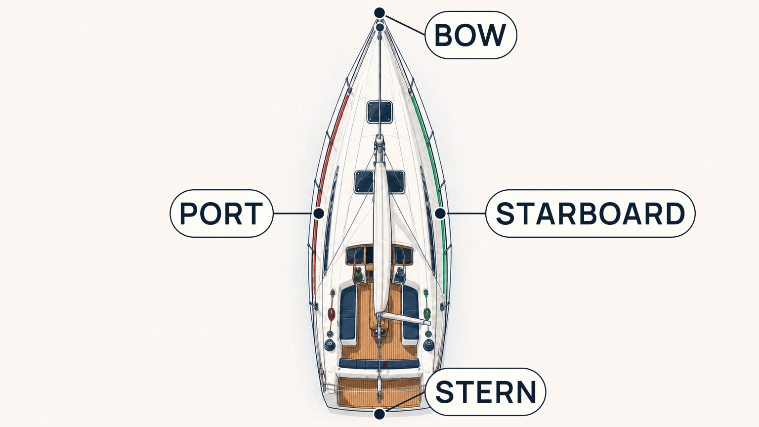 Top view of a sailboat showing fixed bow, stern, port, and starboard positions