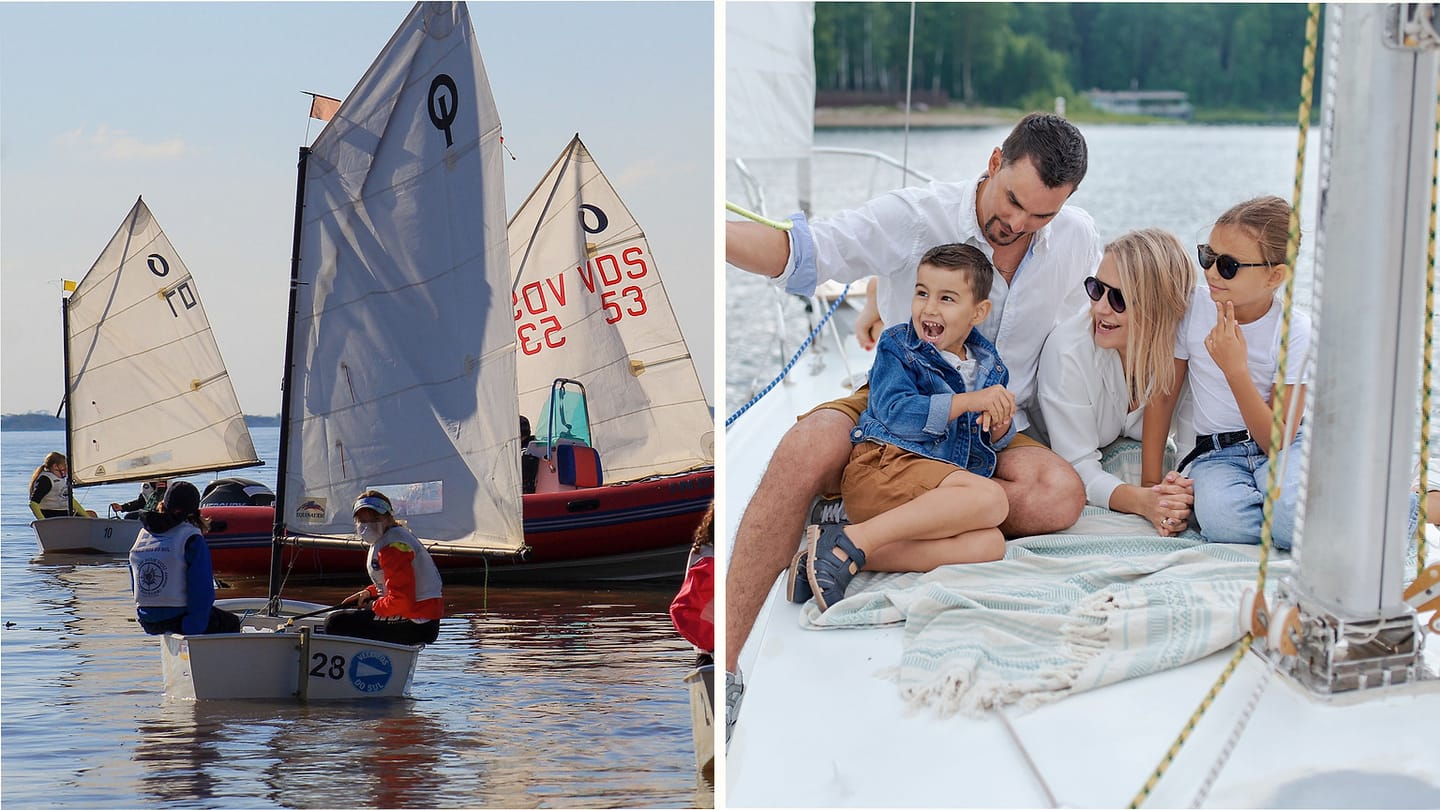 Children in flotation gear beside an adult on a sailboat