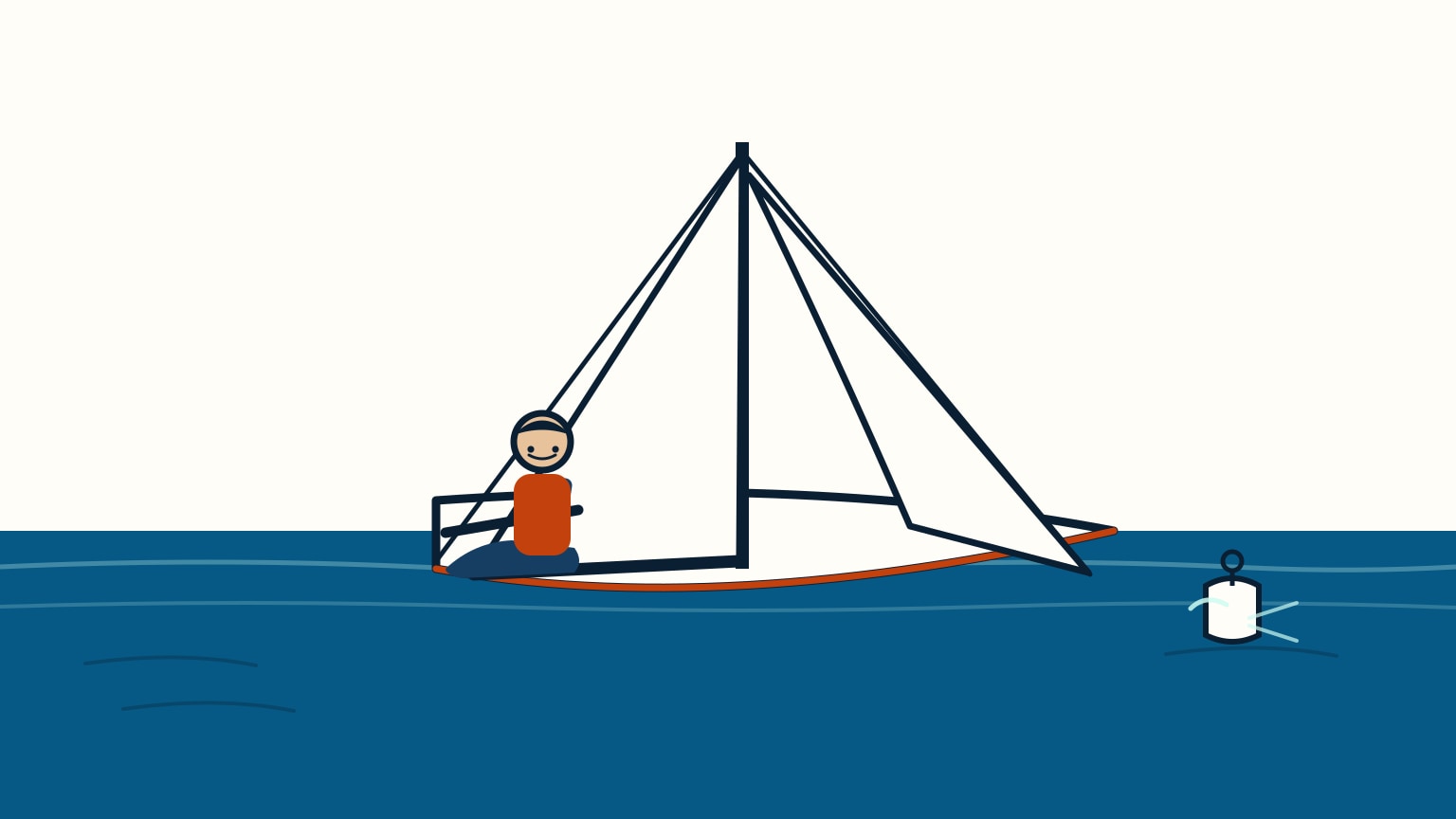 Sailor at the helm steering a heeled sailboat as current sweeps past, with a generic buoy leaning against the stream and trailing a wake in the background