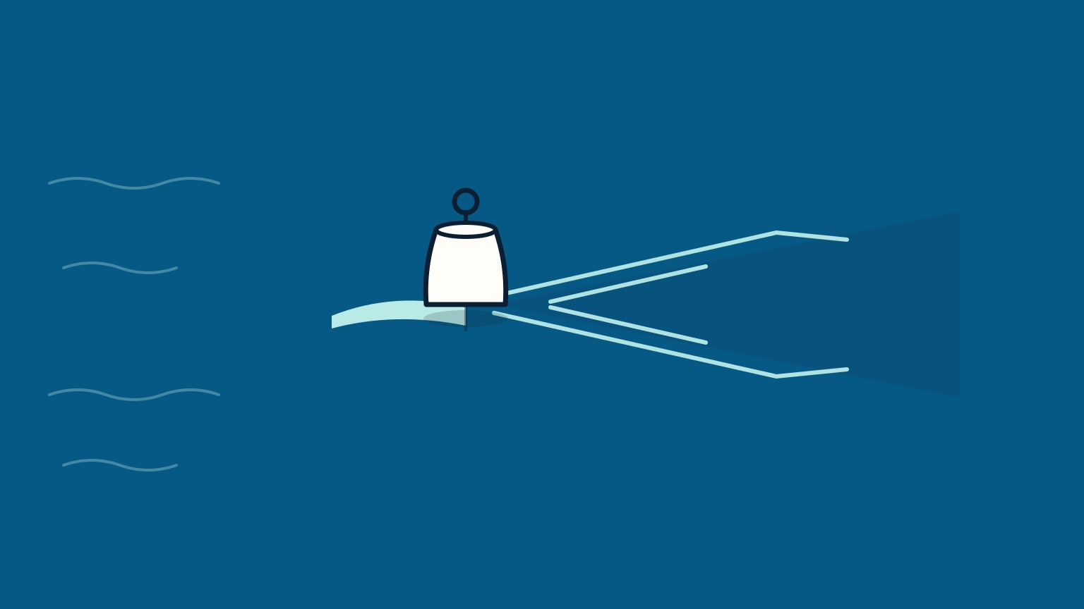 Close-up of a generic buoy in a current, with a cushion of piled-up water on its upstream side and a flattened V-shaped wake trailing downstream