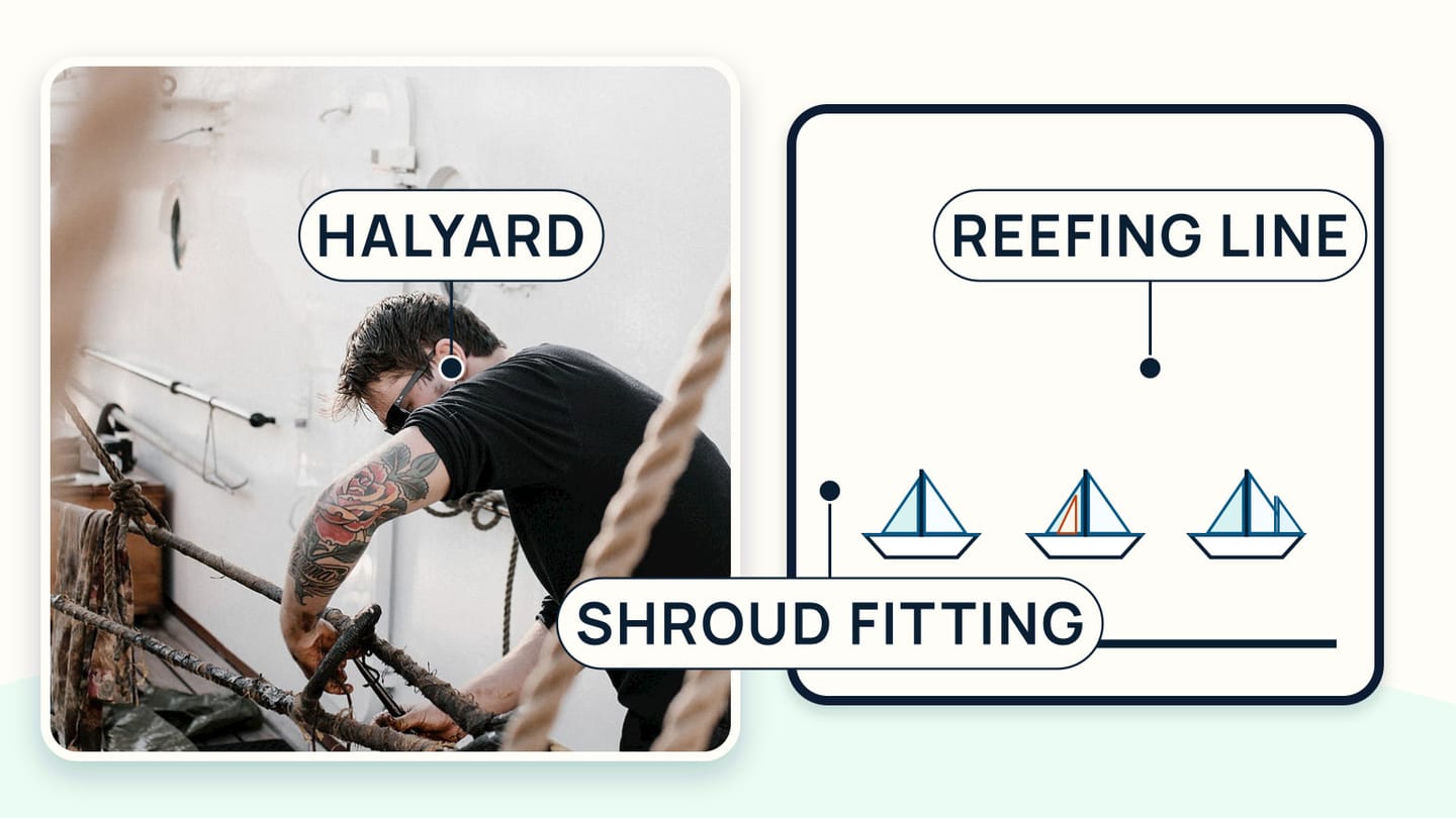A sailor inspecting a halyard, shroud fitting, and reefing line at the mast base