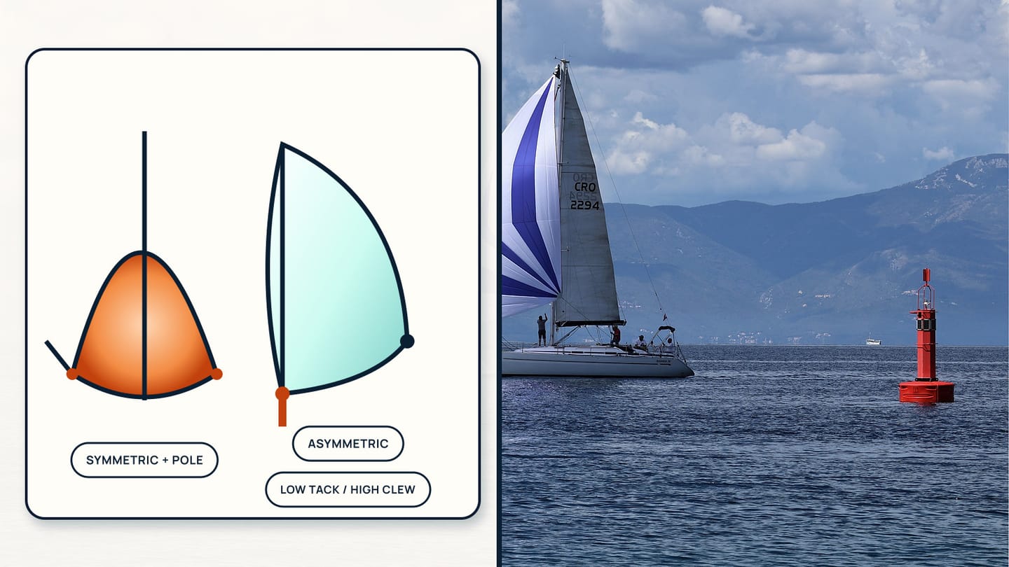A downwind sailboat photograph beside a symmetric sail with level lower corners and an asymmetric sail with a low fixed tack and higher clew.
