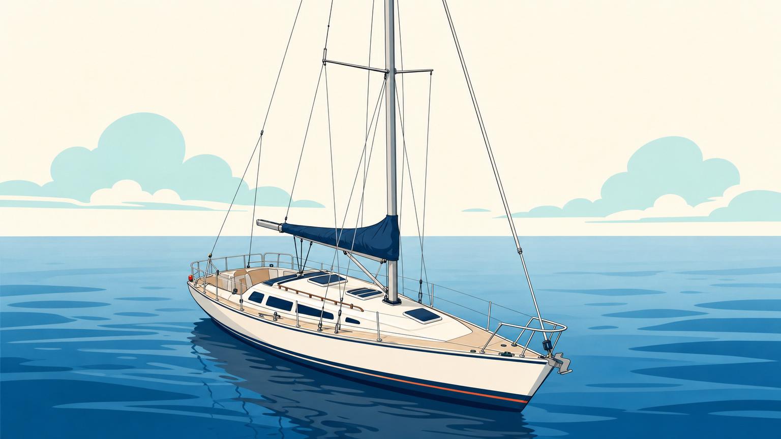 Single-mast sailboat with its side shrouds, forward forestay, aft backstay, and mast spreaders clearly visible