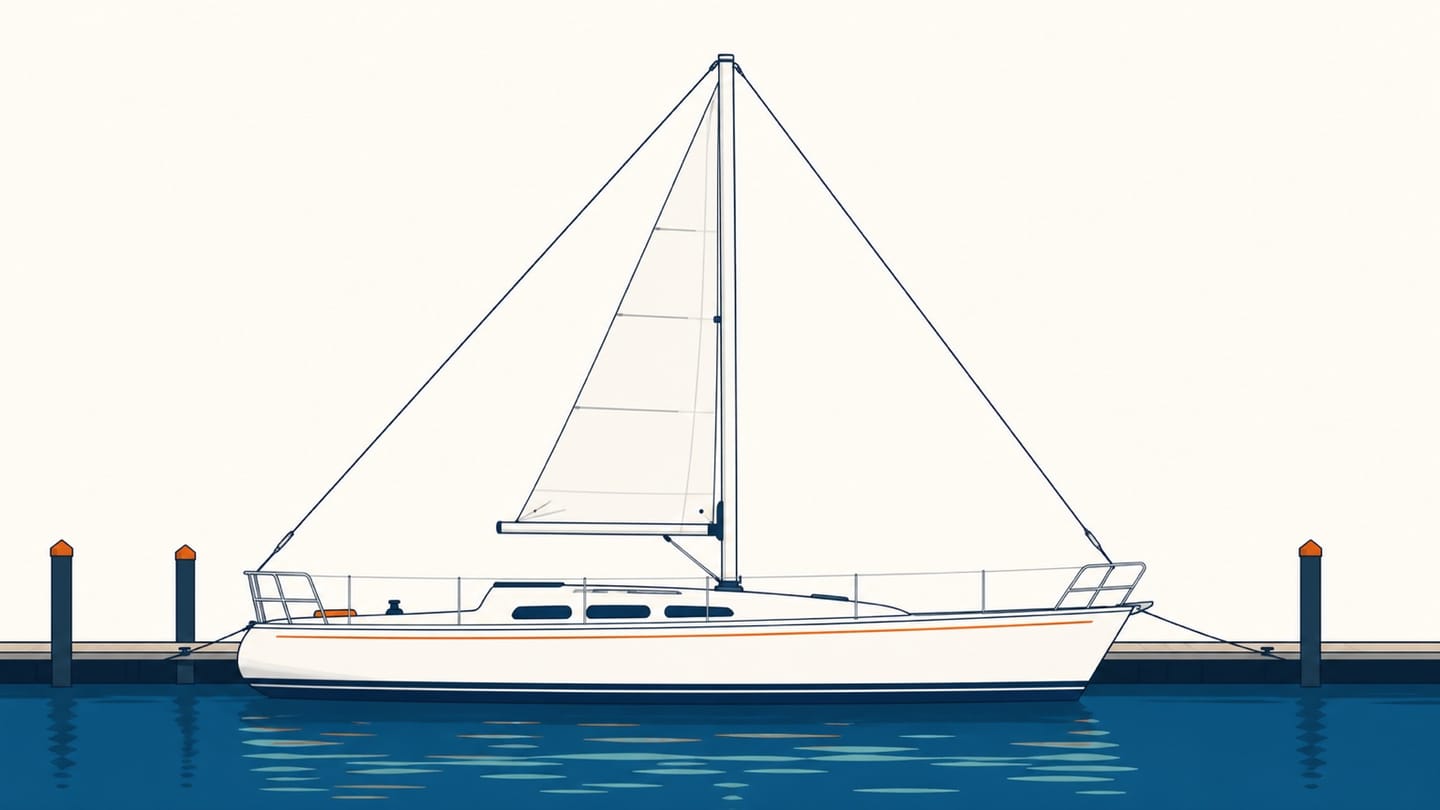 A side view of a single-mast sloop showing a forestay running to the bow and a backstay running aft to the stern