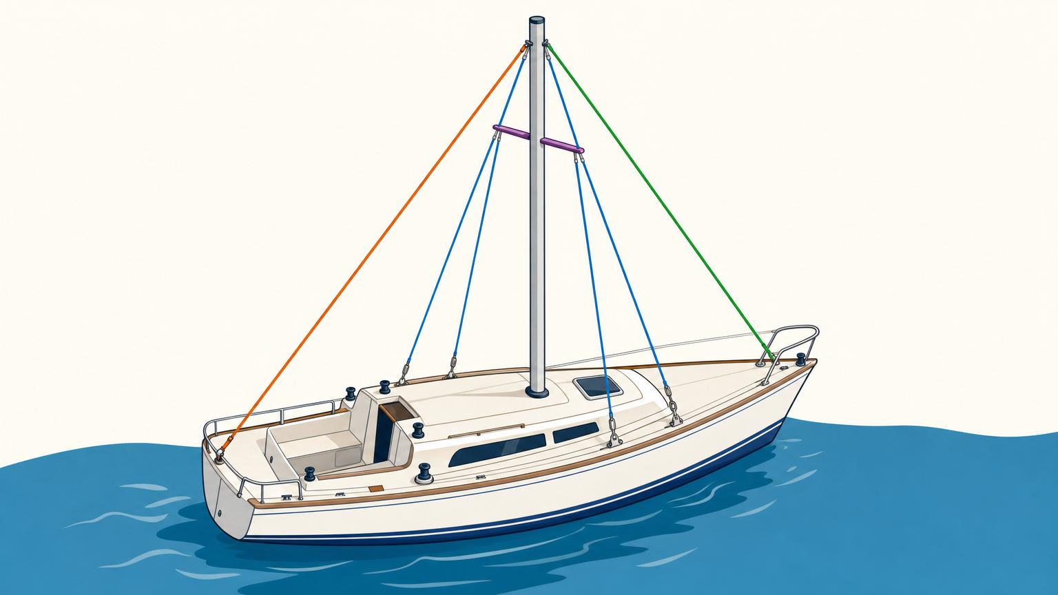 Three-quarter schematic showing shrouds supporting a mast from both sides, a forestay running to the bow, a backstay running to the stern, and spreaders holding the shrouds away from the mast