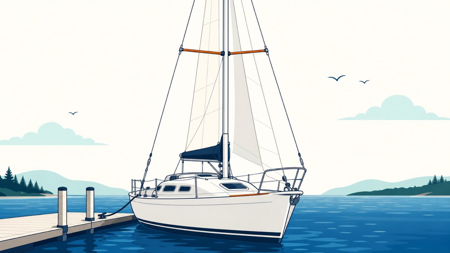 A front view of a sloop mast held upright by symmetrical shrouds through spreaders to chainplates on both sides
