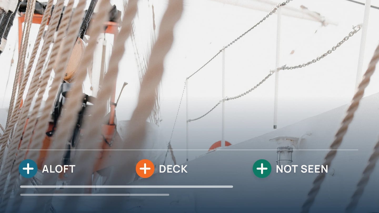 An upward view through rigging is marked aloft, deck and not seen