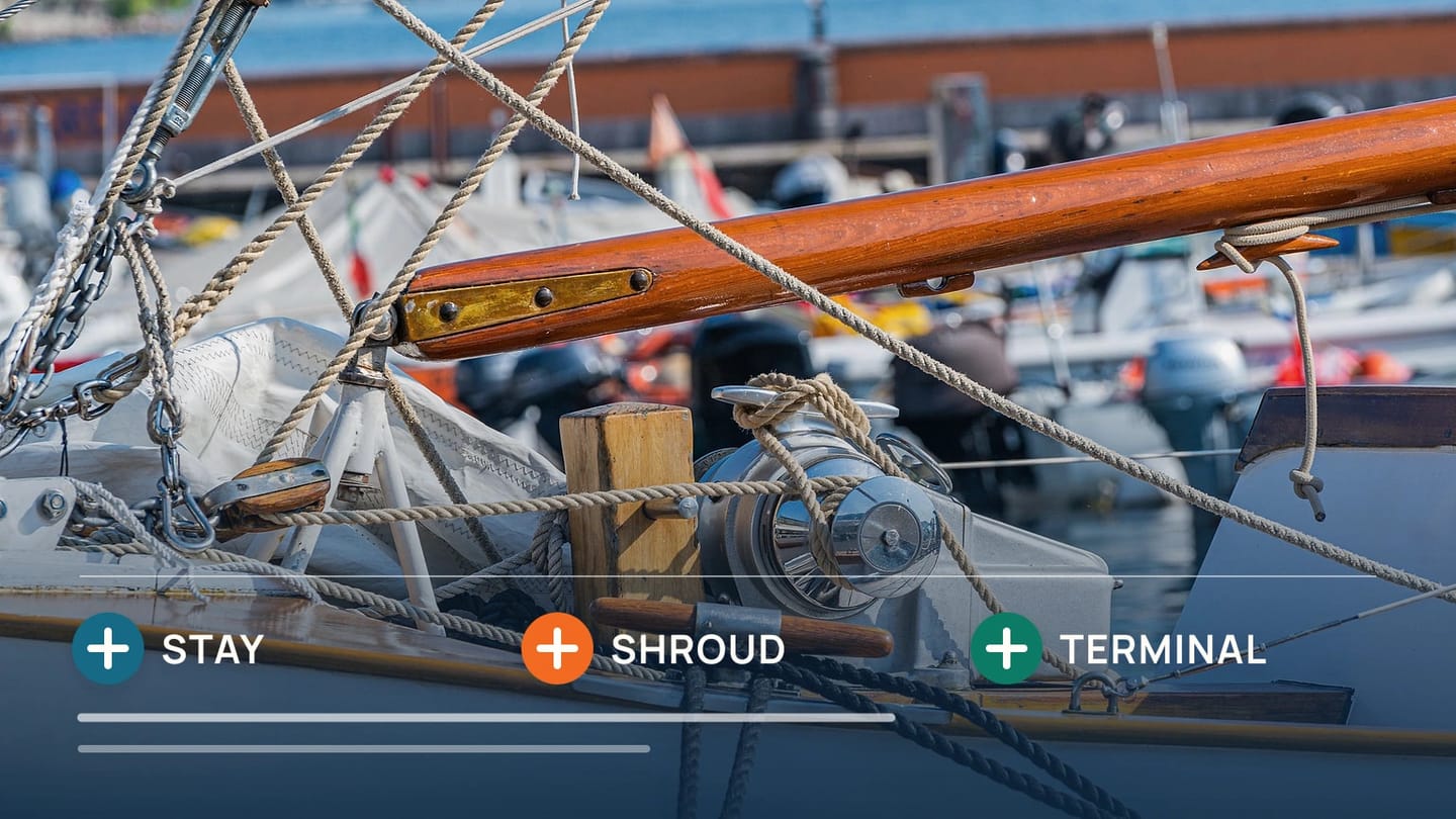 Lines and chain safety rails run along the deck of a sailboat