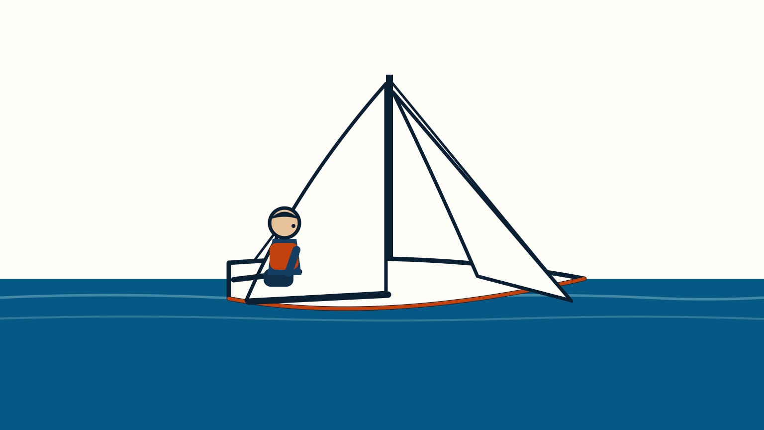 Helmsperson in a lifejacket seated at the tiller of a small sloop underway