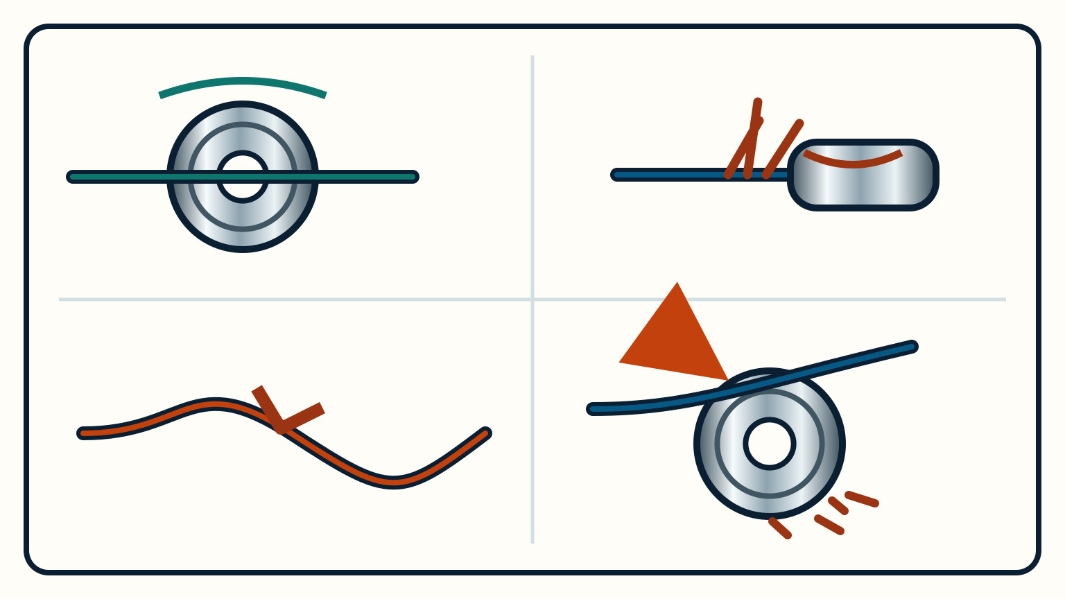 Four close inspection views showing sound wire in a centred sheave, broken strands, a sharp cable kink, and an off-centre wire polishing one sheave rim above metal dust.