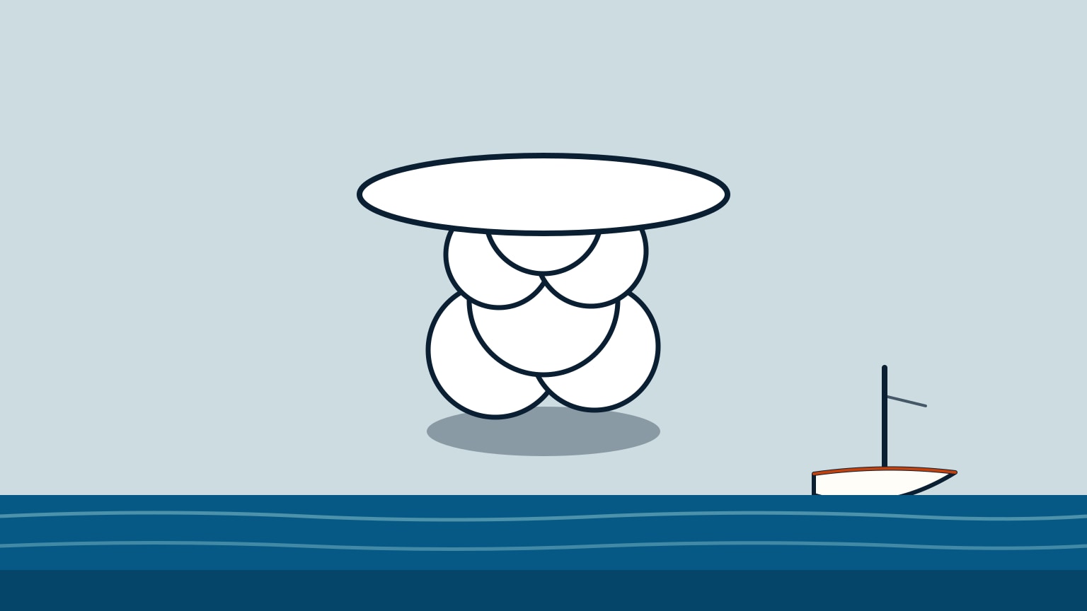 A wide, pale blue-grey sky over a strip of dark blue sea along the bottom edge with two pale wave-line squiggles. Centered above the sea, a tall white cumulonimbus cloud rises as a rounded, puffy tower of overlapping cauliflower-like lobes sitting on a soft grey shadow at its base, topped by one much wider, flat white oval cap that clearly overhangs the tower on both sides. To the lower right, a small sailboat with a plain white hull, an orange waterline stripe, and a bare mast (no sails set) sits at the edge of the sea.